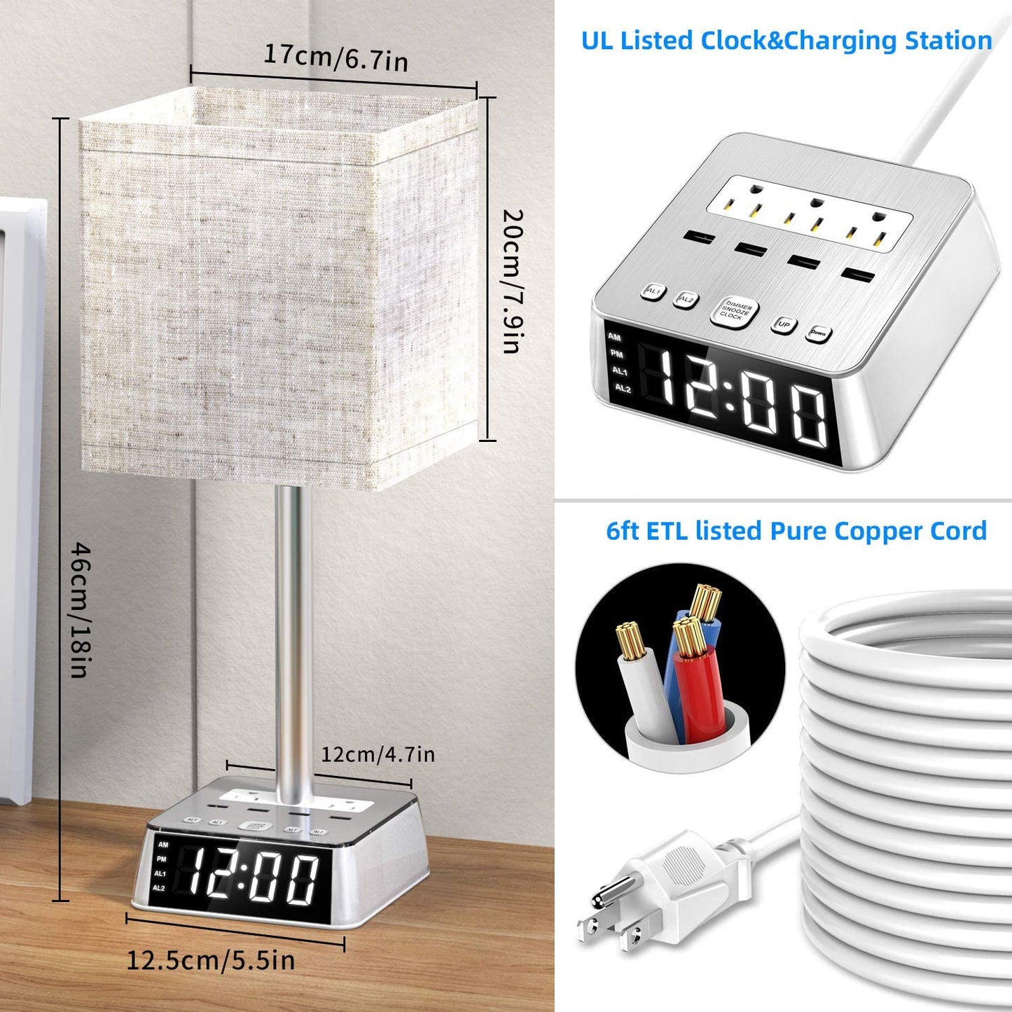 Table Lamp, 4 USB Ports &amp; AC Power Outlets, Alarm Clock - AutorDeIdeas