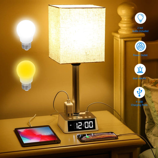 Table Lamp, 4 USB Ports &amp; AC Power Outlets, Alarm Clock - AutorDeIdeas