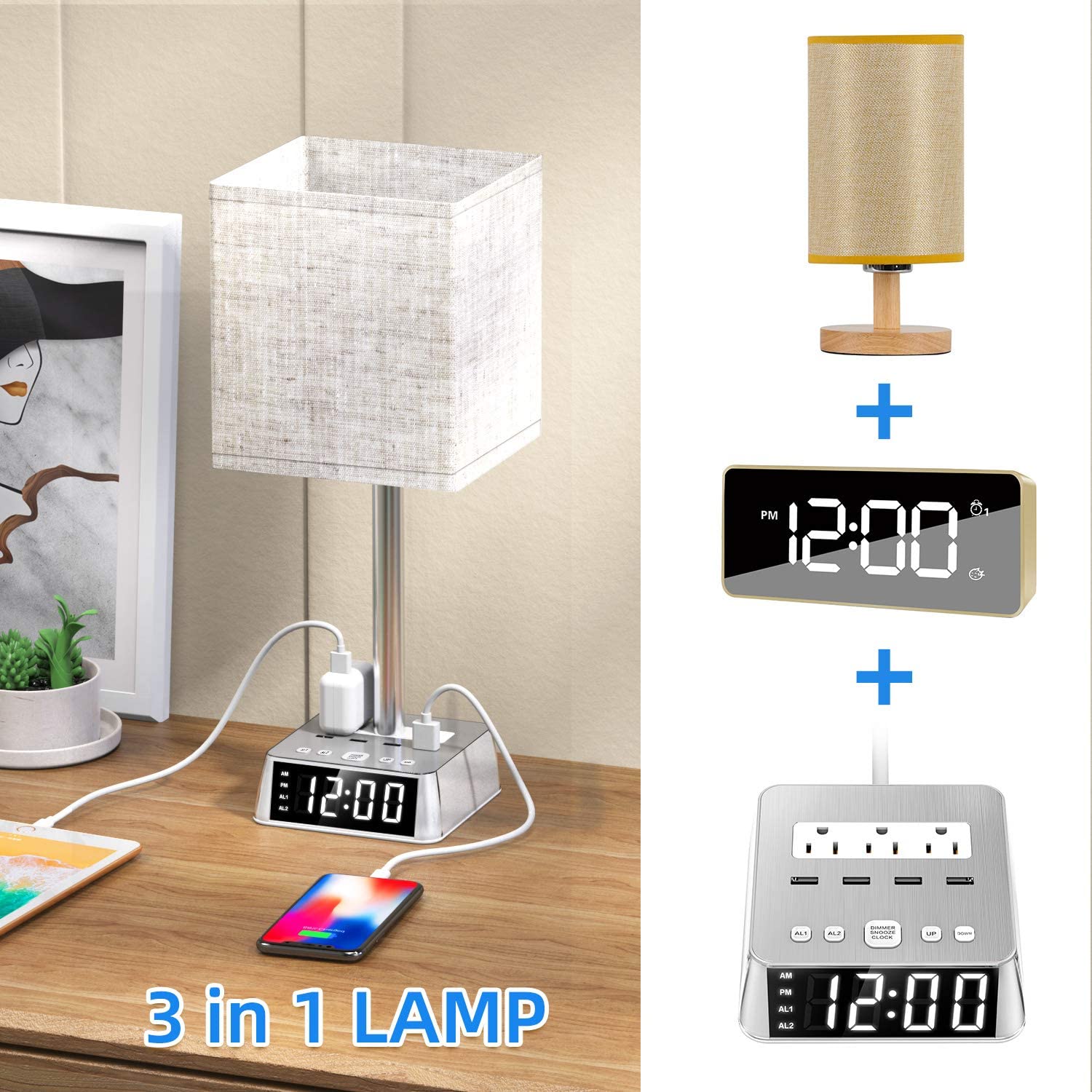 Table Lamp, 4 USB Ports &amp; AC Power Outlets, Alarm Clock - AutorDeIdeas