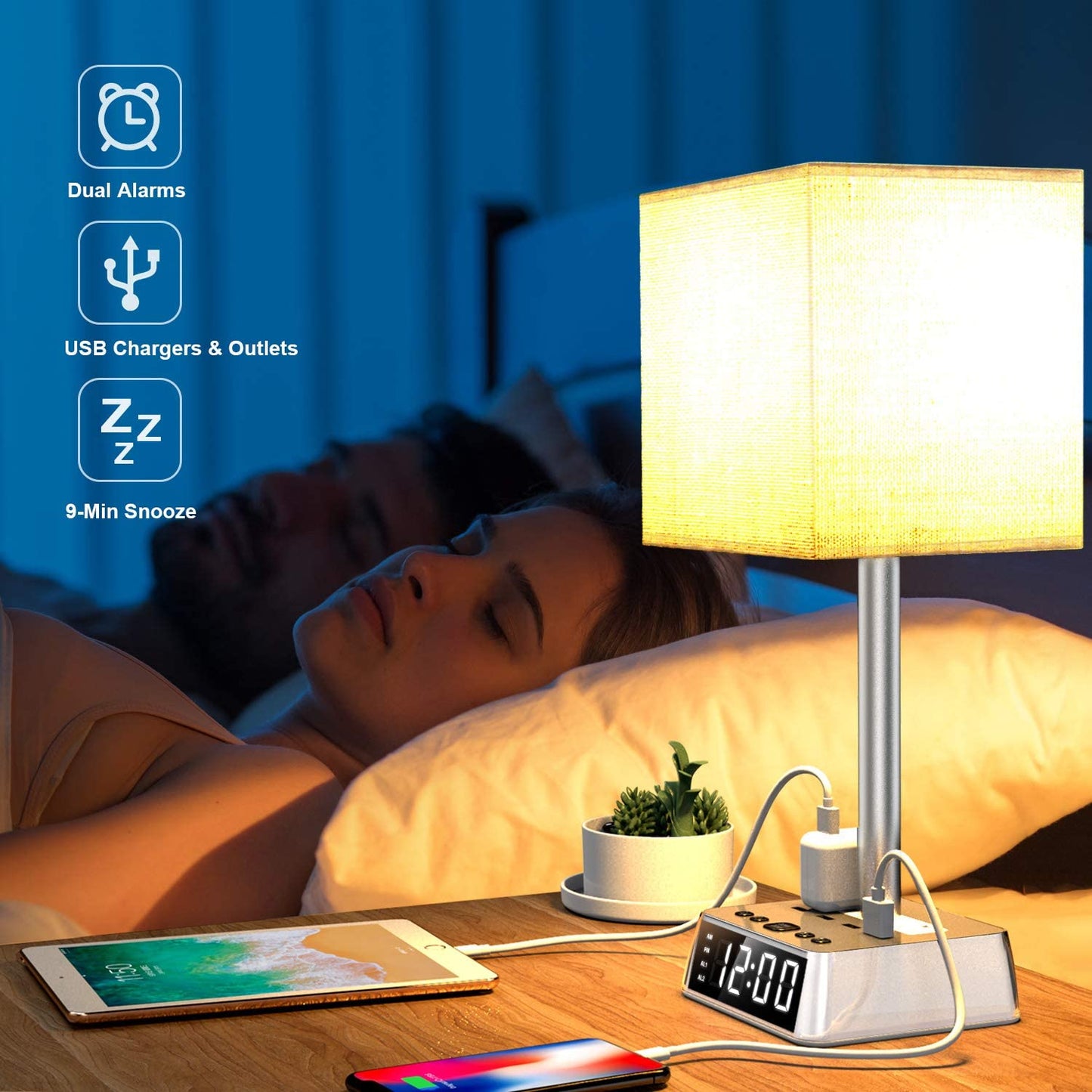 Table Lamp, 4 USB Ports &amp; AC Power Outlets, Alarm Clock - AutorDeIdeas
