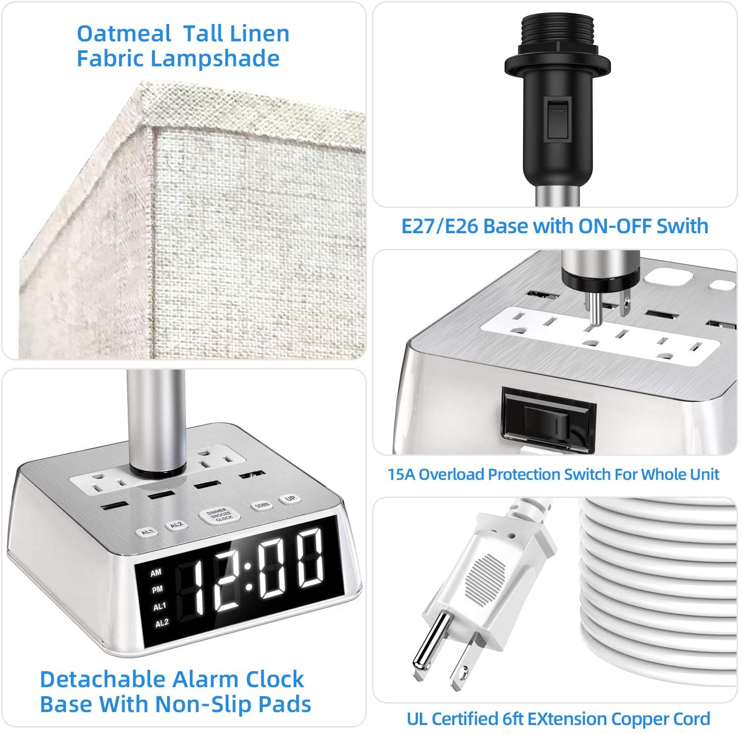 Table Lamp, 4 USB Ports &amp; AC Power Outlets, Alarm Clock - AutorDeIdeas