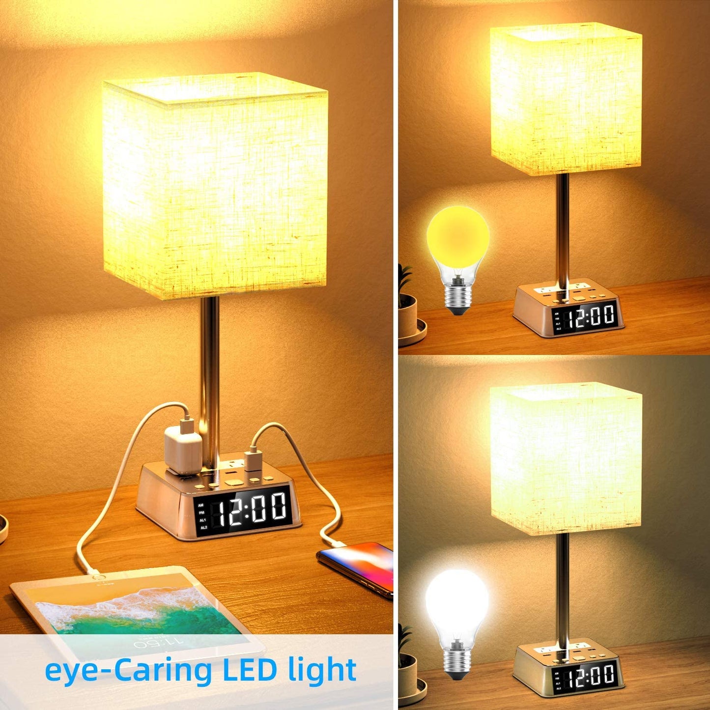 Table Lamp, 4 USB Ports &amp; AC Power Outlets, Alarm Clock - AutorDeIdeas