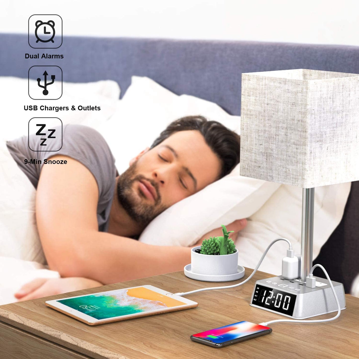 Table Lamp, 4 USB Ports &amp; AC Power Outlets, Alarm Clock - AutorDeIdeas